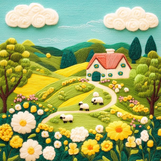 Bgraamiens -Felted Farm Land-1000 Pieces Farm Land Puzzle for Adults,Whimsical Embroidery Art Design, Flowers Art Puzzle