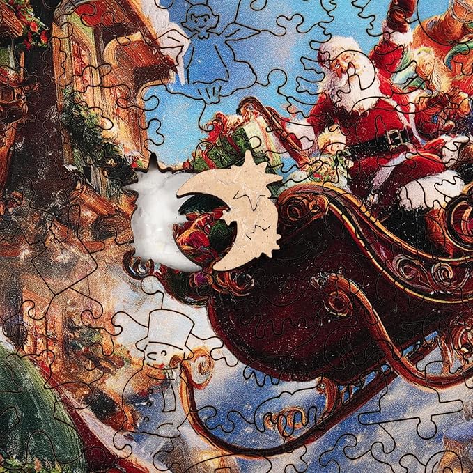 Christmas Sleigh Wooden Puzzles for Adults & Kids - 200 Pcs, Luxury Shaped Wood Jigsaw Puzzle, 8.9"x11.8", Challenging Holiday Family Game, Home Decor