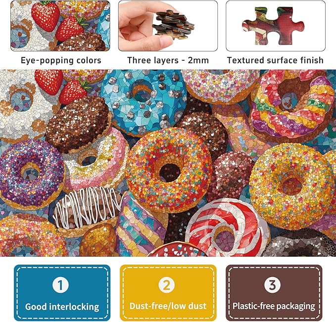Donut Puzzles for Adults 1000 Pieces, 6 Colors on Back Jigsaw Puzzles, Pieces Fit Together Perfectly, Puzzle Size 26.6x19.2 in