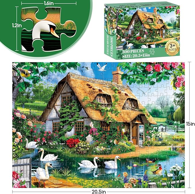 300 Piece Puzzles for Adults, Country Cottage Lake Puzzle for Adults Kids Seniors,Large Piece Landscape Puzzle for Kids 8-10 10-12,Garden Swan Flowers House Puzzles Perfect for Game Nights,20.5x15 in