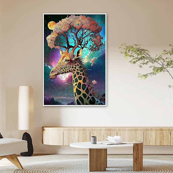 Wooden Jigsaw Puzzle for Adults and Kids Unique Shape Wood Colorful Beautiful Box Fun Challenge Brain Health Family Game Creative Gift for Friends Rompecabezas Madera(Giraffe 200pcs)