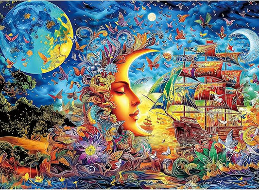 300 Piece Puzzles for Adults Kids, 300 Piece Puzzles for Adults Large Piece, Fantasy Moon Flowers Sailing Ship Jigsaw Puzzle, Challenging Puzzle Perfect for Game Nights, 20.5 X 15 in