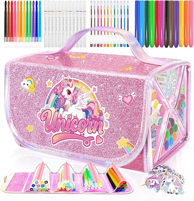 70PCS Unicorn Washable Markers Set with Glitter Pencil Case,Art Supplies for Kids Ages 4-6-8,Drawing Coloring Art Craft Kits for Girls with Marker,Glitter Pens,Crayon,Birthday Gifts Toys for Girls