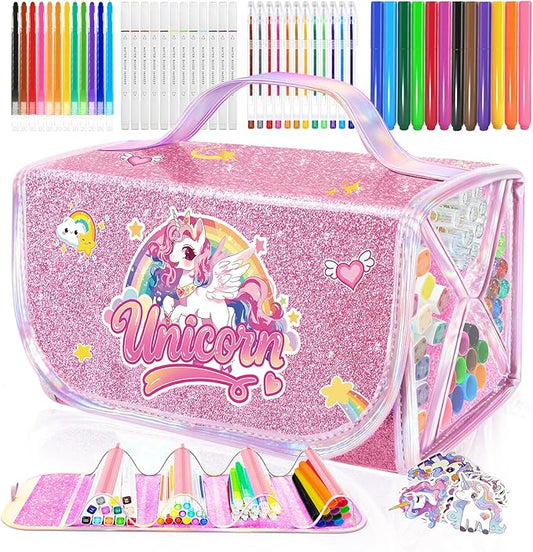 70PCS Unicorn Washable Markers Set with Glitter Pencil Case,Art Supplies for Kids Ages 4-6-8,Drawing Coloring Art Craft Kits for Girls with Marker,Glitter Pens,Crayon,Birthday Gifts Toys for Girls