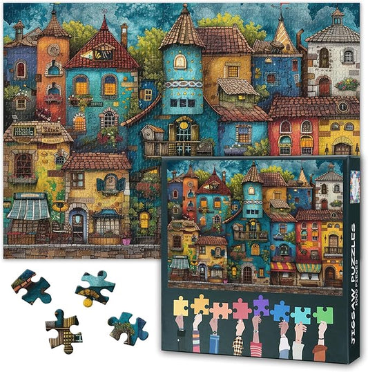 Puzzles for Adults 1000 Pieces Colorful House Building, Challenging Jigsaw Puzzles for Adults, 27.5x19.7 Inch Old Town Landscape Puzzle Game for Women Home Decoration (Fantasy Series)