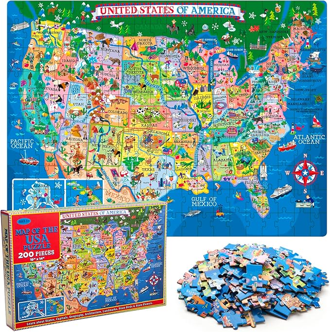 200 Pieces United States Map Jigsaw Puzzle for Kids Ages 4-8, USA Map Puzzle for Kids and Older Floor Puzzles Toddler Geography Educational Toys for Boys, Girls & Adults