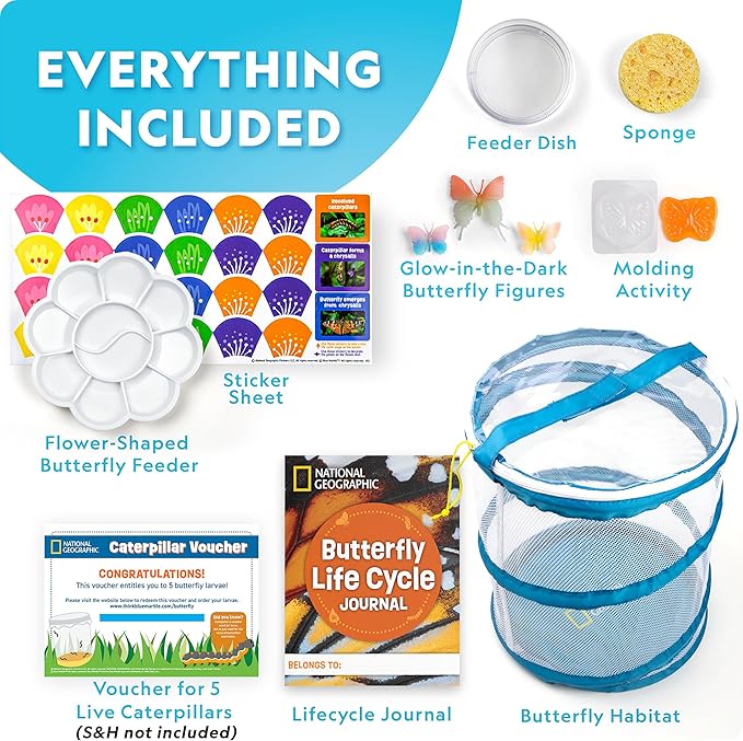 National Geographic Butterfly Growing & Bug Catcher Kit - Butterfly Habitat Kit with Voucher for 5 Caterpillars (S&H Not Included) & Bug Habitat with Magnified Viewers, Bug Catcher & More