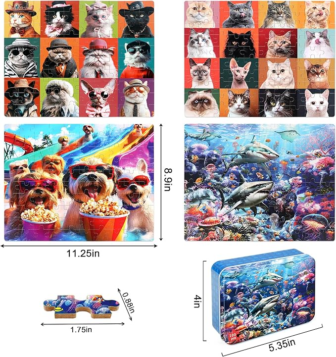 LELEMON 100 Pieces Puzzles for Kids Ages 4-8, 4 Set Kids Puzzle Ages 6-8,Dogs Cats Shark Children Learning Educational Puzzless Toys for Boys and Girls