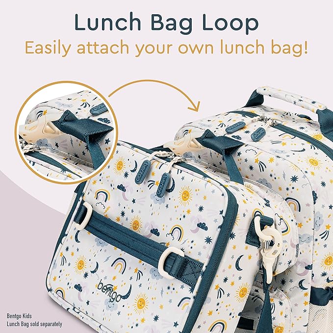 Bentgo Kids Backpack - Lightweight 14” Backpack in Fun Prints for School, Travel, & Daycare, Ideal for Ages 4+, Roomy Interior, Durable & Water-Resistant Fabric, & Loop for Lunch Bag (Friendly Skies)