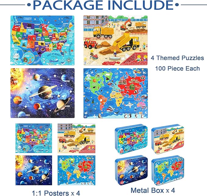 LELEMON 100 Pieces Puzzles for Kids Ages 4-8, 4 Set Kids Puzzle Ages 6-8,United States World Solar System Construction Site Children Learning Educational Puzzless Toys for Boys and Girls