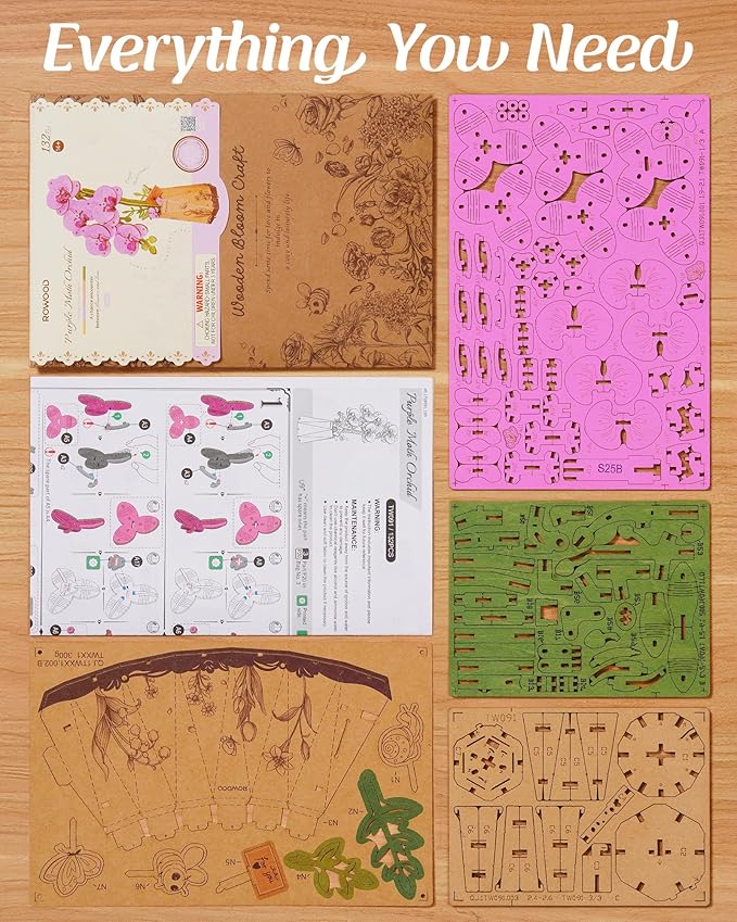 rowood Wooden Flower,3D Puzzles for Kids,Artifical Flower Botanical Collection Building Craft Kit,Mother's Day/Valentine's Day Purple Moth Orchid