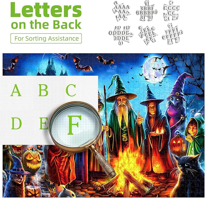 Halloween 1000 Piece Jigsaw Puzzle for Adults Witches' Spooky Bonfire Night Scene with Haunted House Bats Black Cats Pumpkins Scary Horror Ghosts Gothic Challenging Puzzle for Game Night (27.6"x19.7")