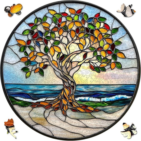 Ruikiyart Wooden Puzzles for Adults, 5MM 200 Pieces Coast Tree Wooden Jigsaw Puzzles, Tree of Life Puzzle Unique Shaped for Adults and Kids on Birthday, Christmas Family Puzzle Games (11.2"*11.2")