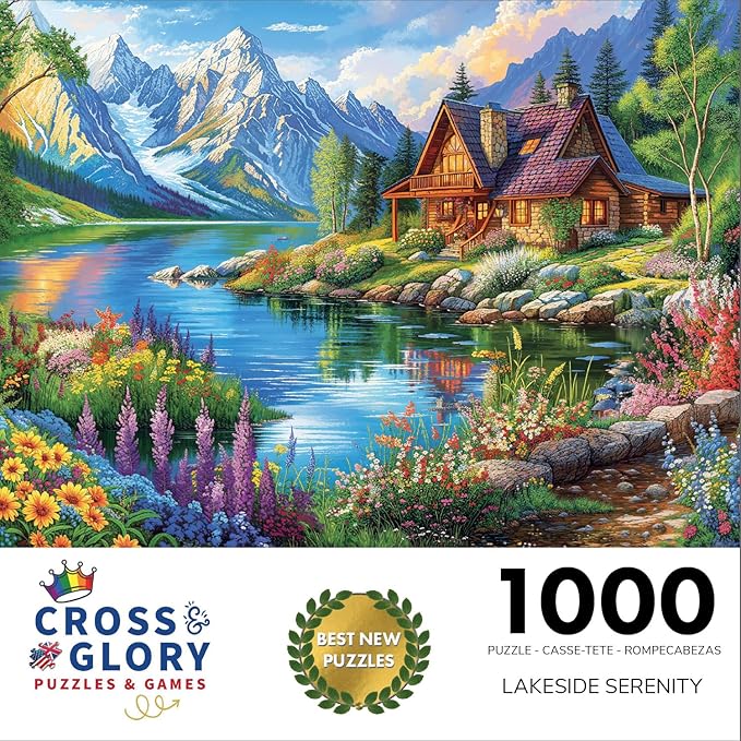 Cross & Glory - Lakeside Serenity - 1000 Piece Jigsaw Puzzle for Adults | Tranquil Mountain Cottage | Ideal for Relaxation and Nature Lovers