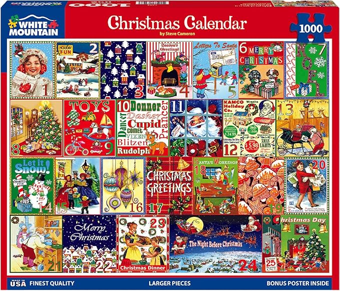 White Mountain 1000 Piece Jigsaw Puzzle Winter Christmas Holiday Puzzles for Adults and Kids 24"x30" Large Pieces - Christmas Calendar