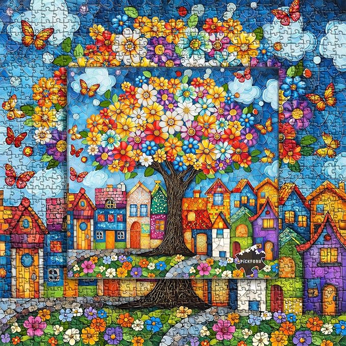 PICKFORU Stained Glass Tree of Life Puzzles for Adults 1000 Pieces, Colorful Village Puzzle with Houses Flowers Trees Butterfly, Nature Impossible Hard Challenge Jigsaw Puzzle
