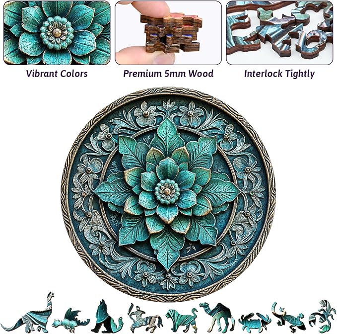 Round Floral Wooden Puzzle - Exquisite Teal Floral Mandala Vintage Style Art Wood Jigsaw for Adults, 454pcs Unique Wood Animal Shaped Puzzle, Family Game Home Decor