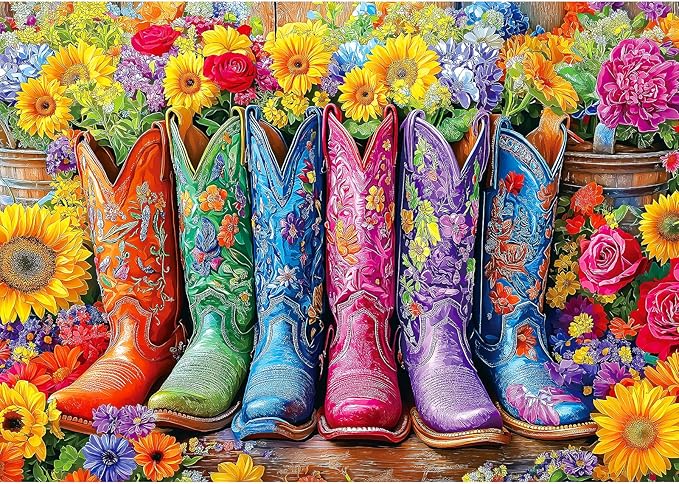 Beautiful Boots and Flowers Puzzles for Adults 1000 Pieces Funny Colorful Vintage Artwork Vibrant Jigsaw Puzzles 1000 Pieces Challenging Family Puzzle with Letters on Back Gift for Boys and Girls