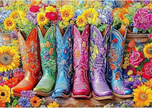 Beautiful Boots and Flowers Puzzles for Adults 1000 Pieces Funny Colorful Vintage Artwork Vibrant Jigsaw Puzzles 1000 Pieces Challenging Family Puzzle with Letters on Back Gift for Boys and Girls