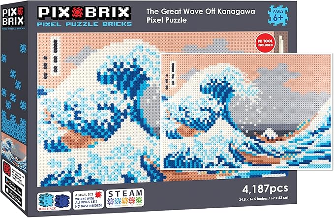 Pix Brix Pixel Art Puzzle Bricks - The Great Wave Off Kanagawa Pixel Puzzle, 4,187 Pieces - Patented Colorful Building Bricks to Recreate This Famous Print, Create Builds Without Water, Iron or Glue