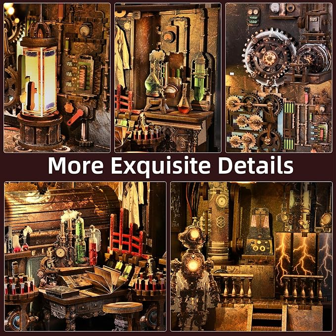 Book Nook Kit, Steampunk DIY Booknook Kits for Adults and Teens, 3D Wooden Puzzle Bookend Miniature Dollhouse Kit Creative Bookshelf Insert Decor with LED Light (Mad Scientist's Lab)