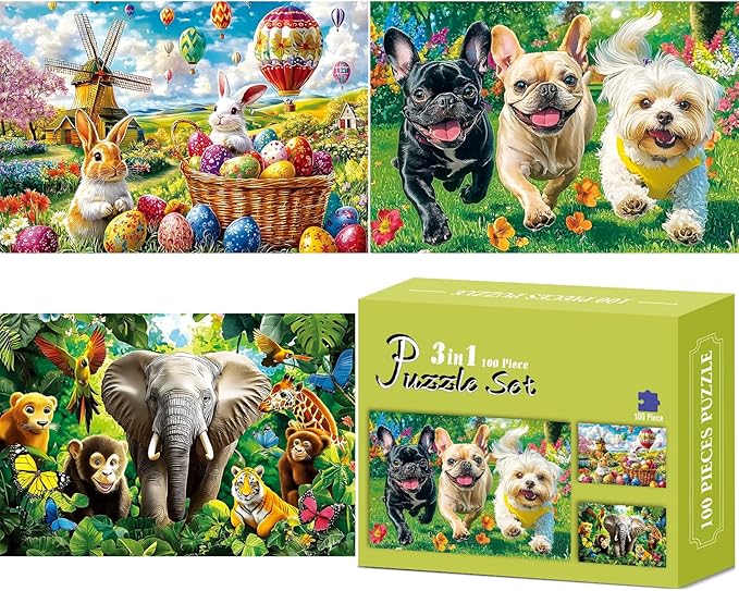 3-Pack 100 Piece Puzzles for Kids,Dogs Rabbits Animals Puzzle for Kids Age 4-6 6-8 8-10,Unique Large Piece Jigsaw Puzzle,Recycled Paper,Bright & Colorful Educational Puzzle,Great Gift for Boys Girls