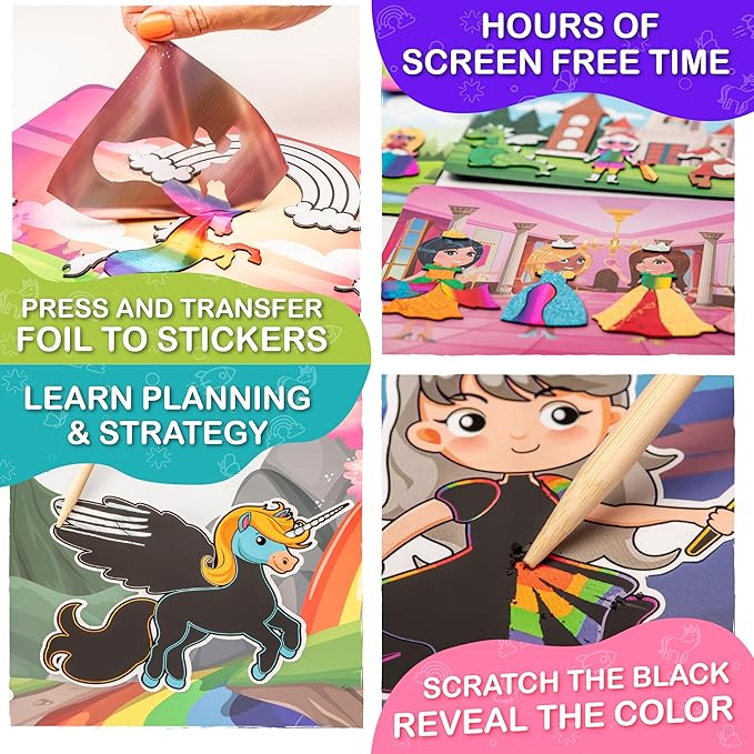 Craftikit ® Award-Winning Unicorn and Princess Foil Art & Rainbow Scratch Art for Kids- 2-in-1 Arts and Crafts Kit for Kids Ages 4-10 - Unicorn Crafts for Girls Ages 4, 5, 6, 7, 8, 9, 10