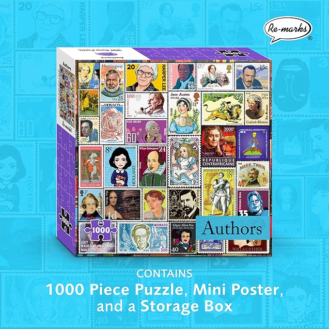 Re-marks Famous Authors Postage-Stamp Collage Puzzle, 1000 Piece Jigsaw Puzzle for All Ages