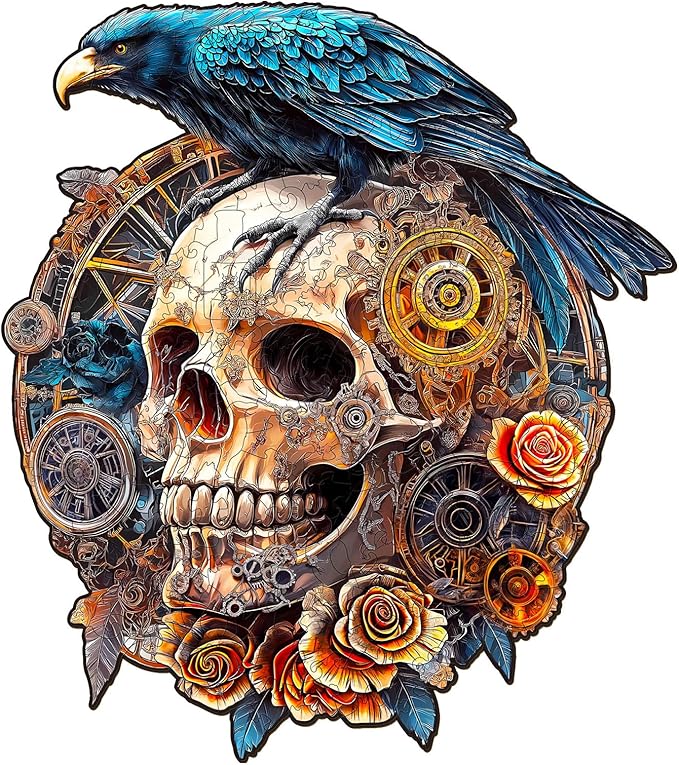 KAAYEE Wooden Puzzles for Adults, 3D Visual Effect Raven & Mechanical Skull Wooden Jigsaw Puzzle Unique Shape Wood Puzzle Adult, 3D Effect Flat Puzzle Birthday Family Games (L-13.4 * 11.9in-240pcs)