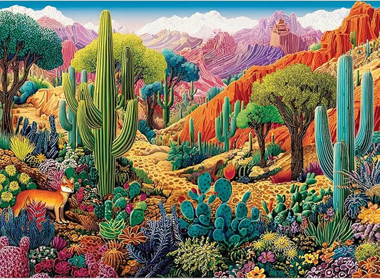 500 Piece Jigsaw Puzzles for Adults, Colorful Desert 500 Piece Puzzle, Vibrant Landscape with Cacti, Fox and Mountains Jigsaw Puzzles, Relaxing Gift for Adults, Kids, Seniors, 20.5 x 15 in