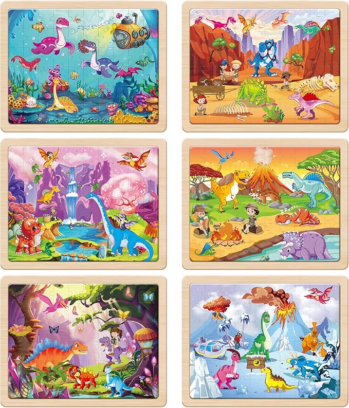 SYNARRY Wooden Dinosaur Puzzles for Kids Ages 4-6, 6 Packs 60 PCs Jigsaw Puzzles Educational Toys Gifts for Children Ages 4-8, Kids Puzzles for 4+ Year Olds Boys Girls