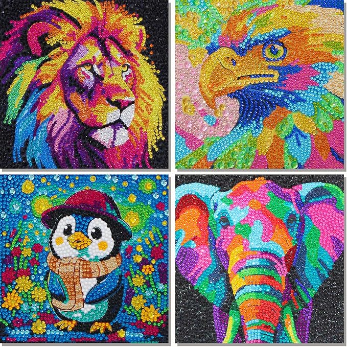 Libfx Diamond Art Kits for Kids 4 PCS Diamond Art for Girls Boys Beginners Arts and Crafts for Kids Ages 8-12 (Lion-Elephant)