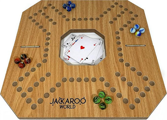 Jackaroo Board Game - 2-4 Player Marble Board Games - Marble Strategy Game - Carbles game with Cards - Marbles and Jokers Board Game - Jokers and Pegs Board Wooden - Dirty Marbles Strategy Games (Oak)