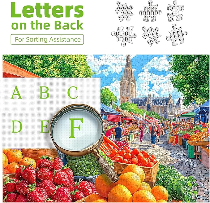 Farmers Market 1000 Piece Jigsaw Puzzle for Adults Colorful Fruit Stand Scene with Letters on Back Fun Cathedral Landscape Puzzle Games for Adults Game Night