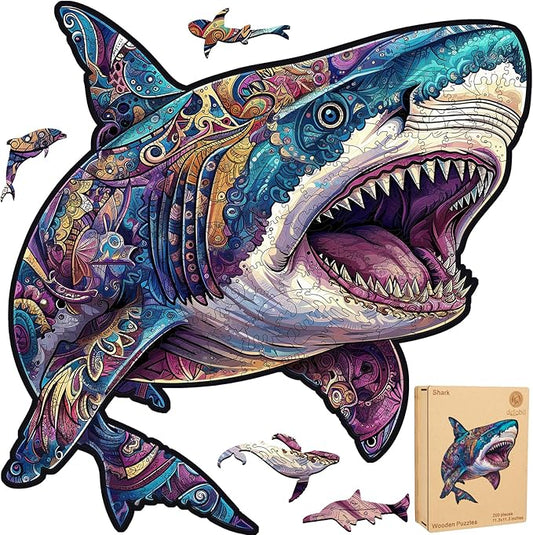 delobil Wooden Puzzles for Adults, Shark Jigsaw Puzzles 200 Pieces, Unique Shape Puzzles with Wooden Box, 11.3 x 11.3 Inches Medium Size Family Game Gift, Fun Challenging Puzzles for Adults and Kids