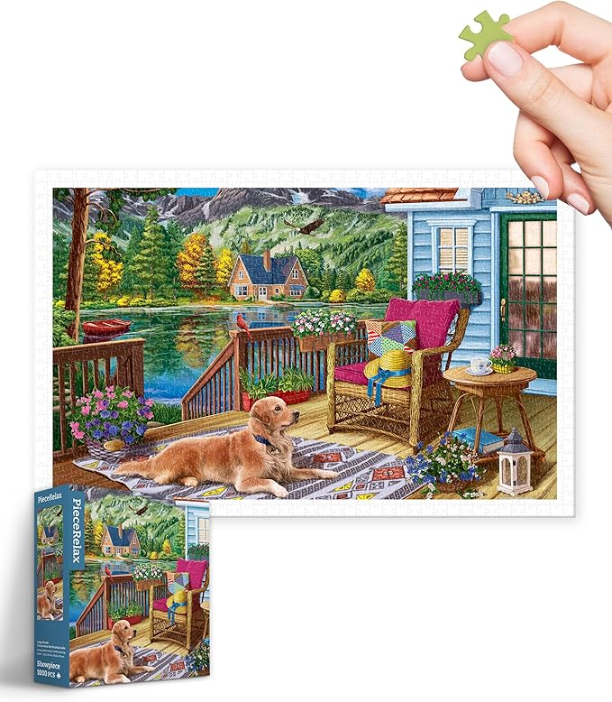 PieceRelax Plastic Jigsaw Puzzles for Adults 1000 Pieces - Image World - Terrace Near The Mountain Lake Most Satisfying Table Games and Gifts No Puzzle Mat Required [H3610]