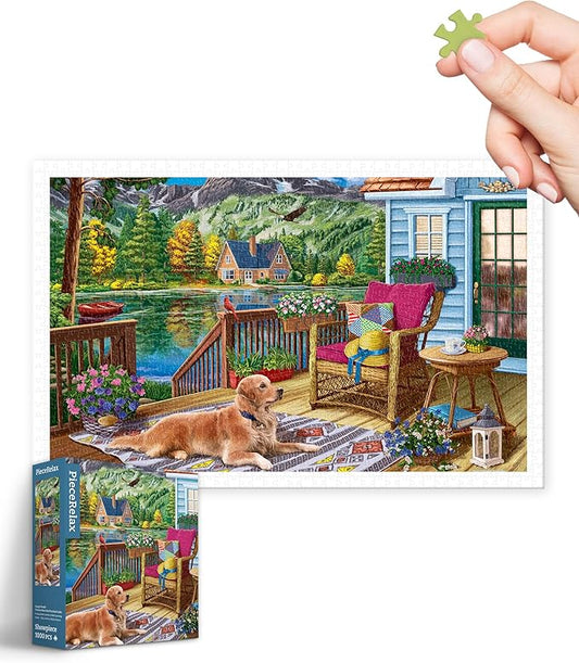 PieceRelax Plastic Jigsaw Puzzles for Adults 1000 Pieces - Image World - Terrace Near The Mountain Lake Most Satisfying Table Games and Gifts No Puzzle Mat Required [H3610]