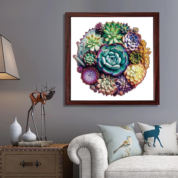 delobi Mandala Succulent Wooden Puzzles, 500 Pieces Jigsaw Puzzles 11.3'' x10.9'', Unique Design Liberty Wooden Puzzles for Adults and Kids, Family Game Gift Medium Size