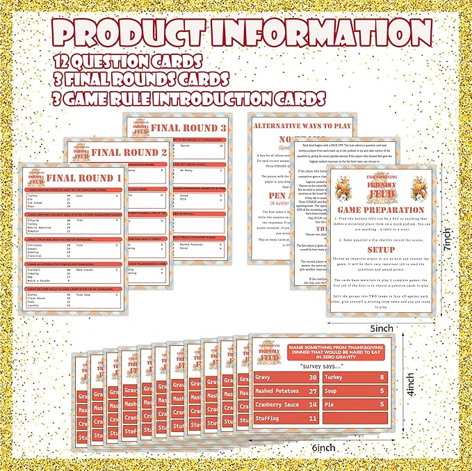 Thanksgiving Friendly Feud Quiz, Family Party Game - 12 Question Cards & 3 Final Rounds Cards