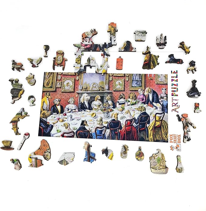 Wooden Jigsaw Рuzzle for Adults - Uniquely Shaped Pieces - Made in The USA by FoxSmartBox - 365 Pieces - The Dogs Dinner Party