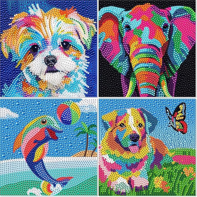 Libfx Diamond Art Kits for Kids 4 PCS Diamond Art for Girls Boys Beginners Arts and Crafts for Kids Ages 8-12 (Elephant Dolphin dog-09)