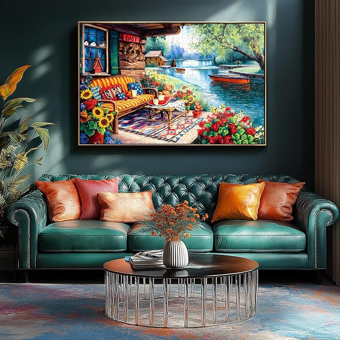 Lake House 1000 Piece Puzzle for Adults Summer Lakeside Retreat Jigsaw Puzzle Cozy Cabin Dock Sunflowers Boat Beautiful Landscape Challenging Adult Puzzles for Game Night (27.6"x19.7")