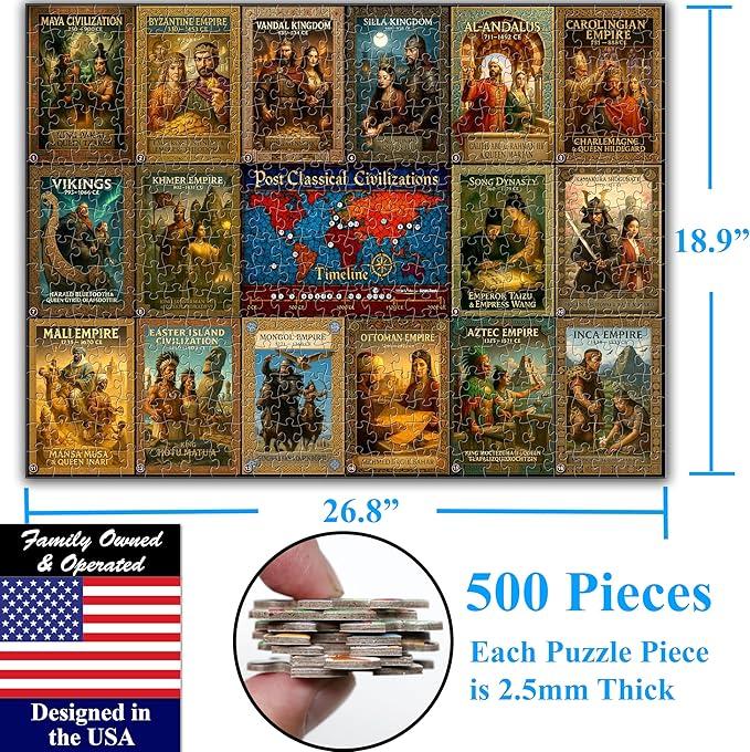Think2Master Colorful Post Classical Civilization 500 Pieces Large Format Jigsaw Puzzle: Kids 12+, Teens, Adults & Families. Great Gift with Historical Timeline & World Map. Size: 26.8” X 18.9”
