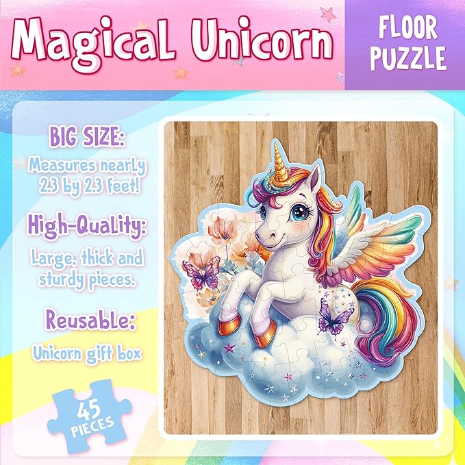 LINAYE Unicorn Puzzle for Kids Ages 4-6, Unicorn Floor Puzzles for Girls 4-6, 48 Pieces Large Puzzles for Toddlers Kids, Christmas Birthday Gifts Toys for 3 4 5 6 7 8 Year Old Girls