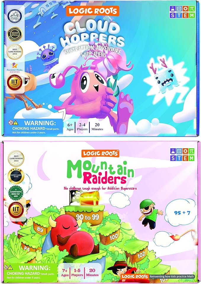 Addition and Subtraction Games - Pack of 2, Cloud Hoppers & Mountain Raiders, Math Board Games and STEM Toys for 7 Year and Up, Gift for Kids (Girls & Boys), Homeschoolers, Grade 1 & Up