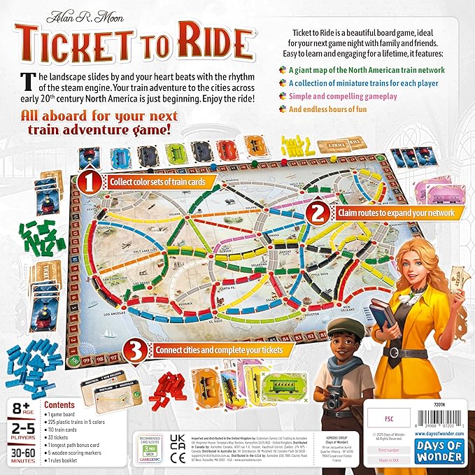 Asmodee Ticket to Ride Board Game (2025 Refresh) - A Cross-Country Train Adventure for Friends and Family, Strategy Game for Kids & Adults, Ages 8+, 2-5 Players, 30-60 Minute Playtime