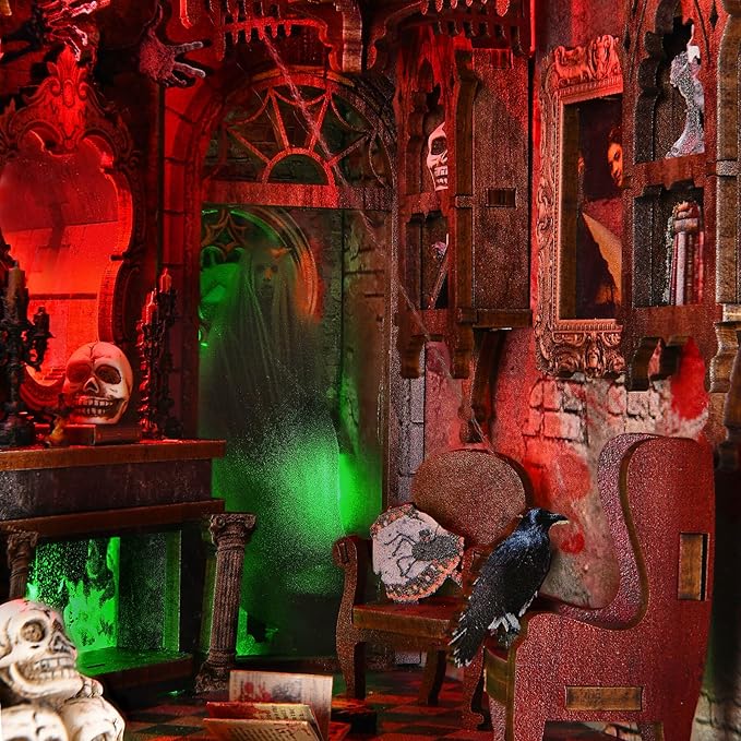 Haunted Mansion Book Nook Kit, Halloween DIY Miniature Dollhouse Kit, Miniature House Kit for Adults and Teens, Horror 3D Wooden Puzzle Bookend Bookshelf Insert Decor with LED Light