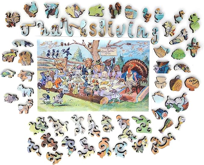 Wooden Jigsаw Puzzle for Adults - Uniquely Shaped Pieces - Made in The USA by FoxSmartBox - 373 Pieces - Thanksgiving Banquet