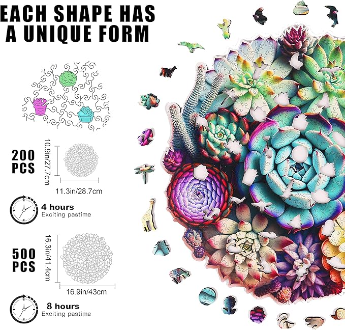 Mys Aurora Wooden Jigsaw Puzzles - Mandala Succulent Plants, 200 Piece Luxurious Shaped Wooden Puzzles for Adults and Kids, Family Game, Medium 11.3'' x 10.9''