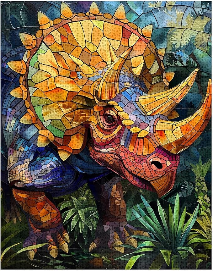 1000 Piece Jigsaw Puzzles for Adults, Stained Glass Dinosaur Jigsaw Puzzles，Colorful Stained Glass Triceratops Puzzle，Challenging Family Activity Perfect for Game Nights，Puzzle as Wall Art Decor